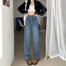 批发复古蓝牛仔裤女2026新款春秋高腰宽松直筒小个子阔腿郑州<b class='q'>女裤</b>夏季
