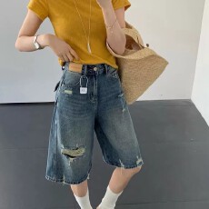 批发2026夏季新款复古风破洞牛仔短裤女夏<b class='q'>高腰</b>显瘦五分裤百搭直筒中裤