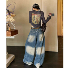 批发美式复古水洗做旧<b class='q'>牛仔裤</b>女2026秋季新款设计感宽松显瘦阔腿长裤子