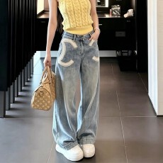 批发欧货刺绣撞色阔腿<b class='q'>牛仔裤</b>女秋冬新款高腰宽松显瘦休闲直筒拖地长裤