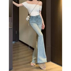 批发郑小亮浅色辣妹烫钻微喇叭牛仔<b class='q'>裤</b>女2026秋季新款<b class='q'>修身</b>显瘦马蹄<b class='q'>裤</b>潮