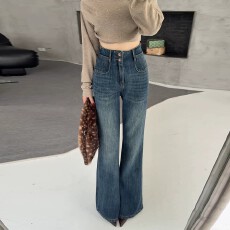 批发复古双扣高腰阔腿微喇牛仔裤<b class='q'>女</b>2026冬季新款小个子<b class='q'>长裤</b>直筒喇叭<b class='q'>裤</b>