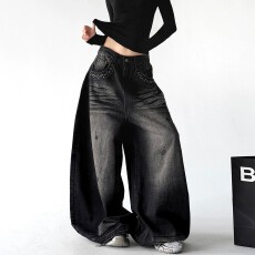 批发美式复古风阔腿牛仔裤女2026秋季新款黑色宽松做旧<b class='q'>水洗</b>拖地长裤