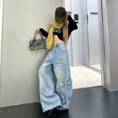 批发2026秋季新款复古<b class='q'>水洗</b>工装阔脚裤女宽松显瘦百搭拖地裤