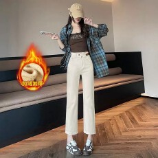 批发米白色裤子女九分直筒裤2026<b class='q'>春</b>秋加绒高腰弹力显瘦九分烟管牛仔裤