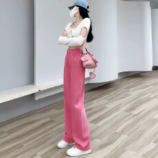 批发粉色阔腿裤女高腰牛仔裤直筒宽松2026秋季新款显瘦流行爆款拖地裤