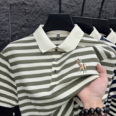 实拍~刺绣条纹男士夏季宽松翻领潮流短袖T恤新款POLO翻领上衣