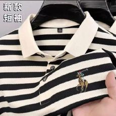 实拍~刺绣条纹男士夏季宽松翻领潮流短袖T恤新款POLO翻领上衣