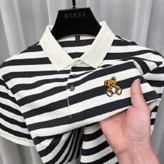批发实拍~刺绣条纹男士夏季宽松翻领潮流短袖T恤新款POLO翻领上衣