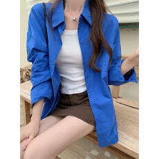 批发克莱因蓝色衬衫外套女秋季慵懒风外搭衬衣开衫法式上衣