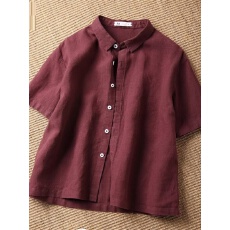 批发亚麻薄款纯色复古短袖衬衫上衣女西装领短款小个子百搭短款