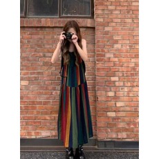 批发艺术拼接韩国女星<b class='q'>同款</b>条纹吊带<b class='q'>连衣裙</b>  彩虹条吊带<b class='q'>连衣裙</b>女