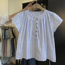 批发韩系复古蓝色条纹<b class='q'>衬衫</b><b class='q'>女</b>夏季设计感小众宽松显瘦<b class='q'>衬衣</b>百搭外套上衣