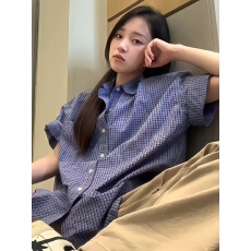 批发蓝色格子<b class='q'>短袖</b><b class='q'>衬衫</b><b class='q'>女</b>2026夏季新款宽松高级感小众百搭上衣