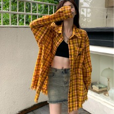 批发黄色刺绣格子<b class='q'>开衫</b>衬衣2026新款下摆破坏感长袖<b class='q'>薄</b>款衬衫