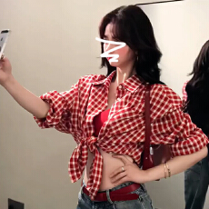 批发美式复古红色格子衬衫外套女2026年新款慵懒风气质衬衣法式上衣