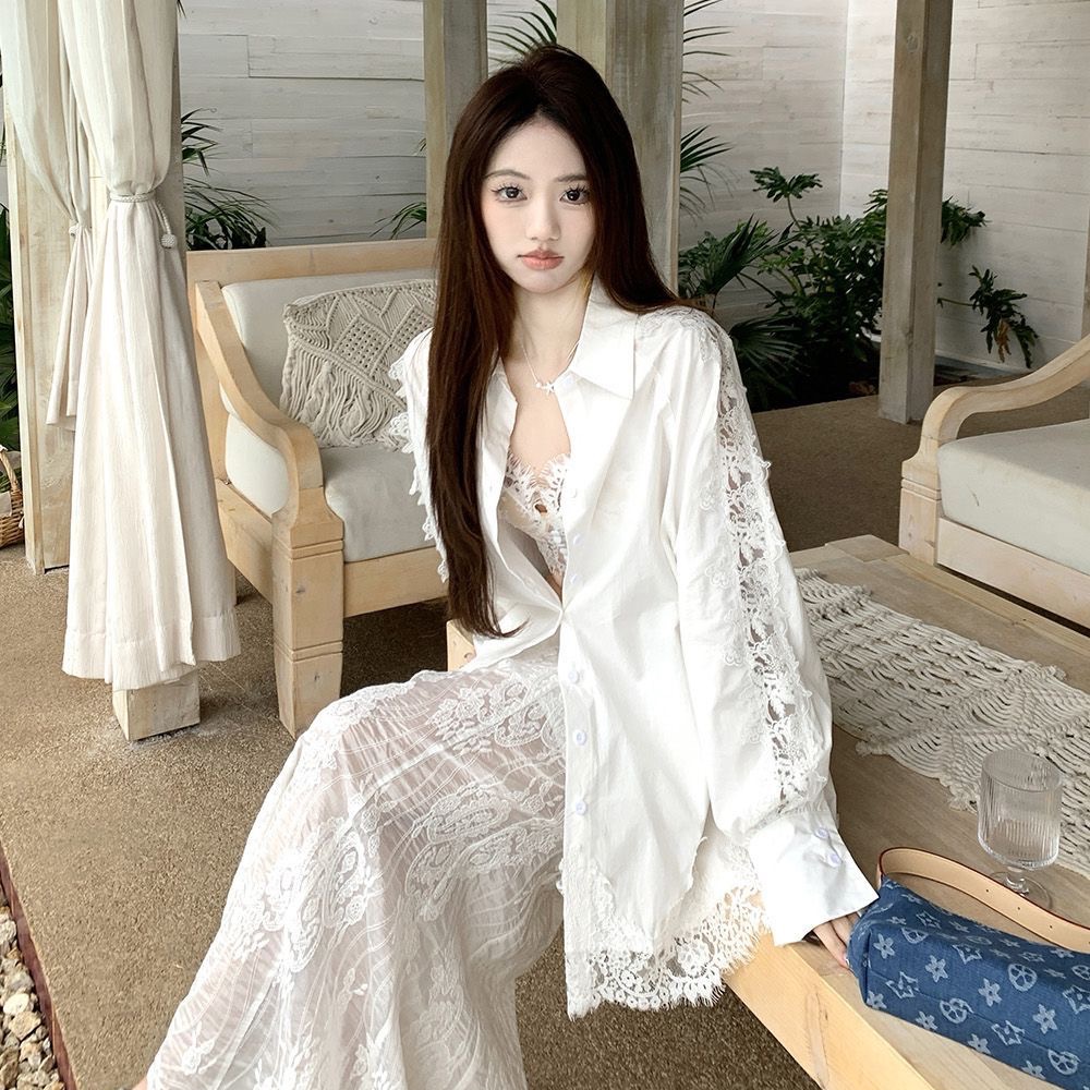 화이트 홀로우 아웃 레이스 조각 긴팔 셔츠 루즈핏 중간 길이 스택 착용 자외선 차단 셔츠