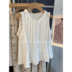 批发韩国白色甜美木耳边无袖背心衬衫女夏季宽松减龄小个子娃娃衫上衣