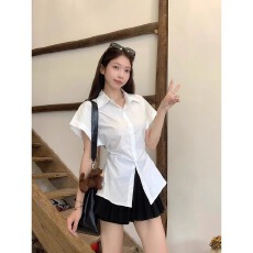批发辣妹掐腰短袖衬衫2026夏季新款少女白色休闲衬衣显瘦上衣女