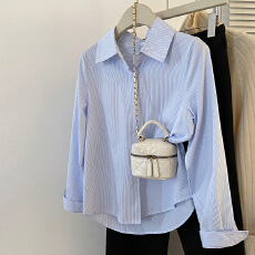 批发蓝色纯棉长袖衬衫<b class='q'>外套</b>女韩版宽松上衣设计感小众<b class='q'>防晒</b>衬衣