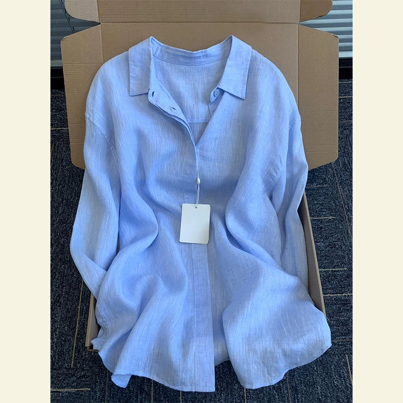 프랑스식 작은 대중 Chic 고유 한 프랑스식 빛 요리 한 바람 파란색 POLO 칼라 긴팔 여성 셔츠