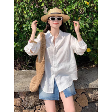 批发法式棉麻<b class='q'>防晒</b>白色衬衫女长袖薄款宽松外搭韩版衬衣天丝亚麻上衣夏