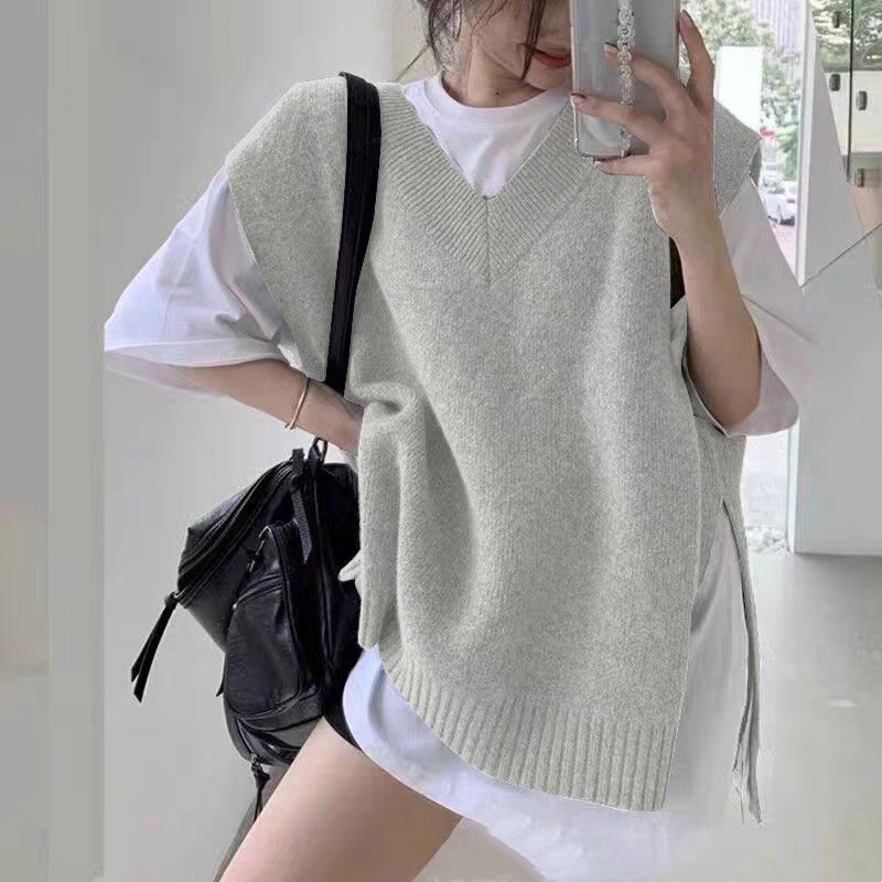 한국 ins 루즈핏 다용도 레트로 V넥 느긋한 작은 대중 양면 트임 스웨터 조끼 여자