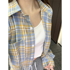 批发蓝色<b class='q'>格子衬衫</b>2026新款韩版宽松美式复古上衣小众设计感外套女