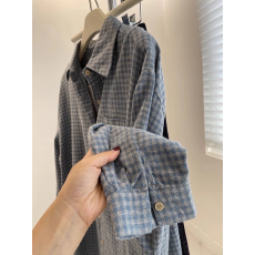 批发2026春秋慵懒宽松叠穿休闲衬衣女复古蓝色格子水洗磨毛衬衫女