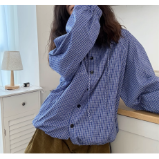 批发复古蓝色<b class='q'>格子</b>连帽<b class='q'>衬衫</b>女秋季新款小个子宽松显瘦慵懒感外套上衣潮
