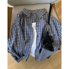 批发韩系格子衬衫女春<b class='q'>秋</b>新款百搭宽松慵懒风上衣外搭格纹衬衣外套