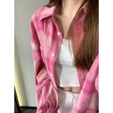 批发超显白树莓粉格子衬衫<b class='q'>春</b>秋新款2025女上衣格纹衬衣宽松百搭外套