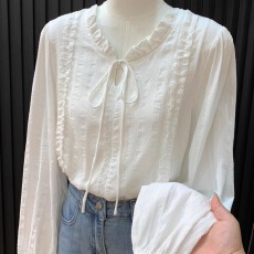 批发2026新款韩版花边领系带白色<b class='q'>衬衫</b>女温柔气质别致长袖上衣