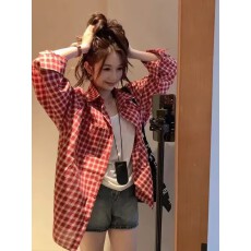 批发美式红色格子衬衫外套女春秋2025新款爆款<b class='q'>长袖</b>防晒衬衣气质上衣