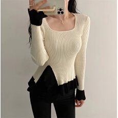 批发复古方领<b class='q'>荷叶边</b><b class='q'>毛衣</b>2025新款秋冬季拼接黑色内搭打底衫上衣