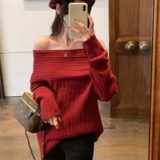 批发慵懒风一字肩毛衣针织衫女秋冬设计感中长款宽松百搭外穿长袖上衣