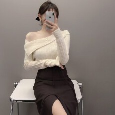 批发2025韩国chic套头小众设计翻领一字肩显瘦百搭针织衫毛衣