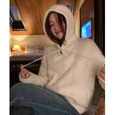 批发韩系秋冬款百搭麻花镂空宽松连帽毛衣女小个子针织帽衫