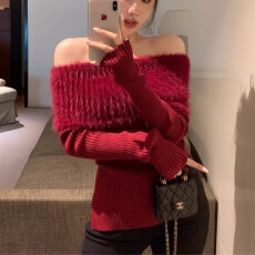 批发纯欲仿水貂绒一字肩加厚毛衣女秋季2024新款百搭短款修身显瘦上衣