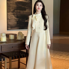 批发淑雅蝴蝶结小香风<b class='q'>连衣裙</b>女秋气质法式长袖<b class='q'>假两件</b>长裙