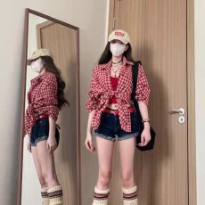 批发日系复古红色<b class='q'>格子</b><b class='q'>衬衫</b>外套女秋季vintage松弛感休闲长袖<b class='q'>衬衣</b>外套