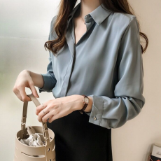 批发韩版气质纯色<b class='q'>衬衫</b>女长袖上衣简约<b class='q'>OL</b>雪纺<b class='q'>衬衣</b>打底衫