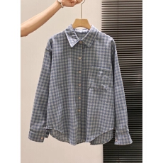 批发2026春秋慵懒宽松叠穿休闲衬衣女复古蓝色格子水洗磨毛<b class='q'>衬衫女</b>