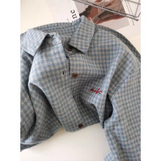 批发韩系博主风 蓝灰配色 软糯磨毛翻领刺绣松弛感长袖叠穿<b class='q'>格子</b><b class='q'>衬衫</b>女