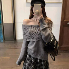 批发韩系一字肩镂空长袖毛衣新款慵懒风加厚套头露肩针织衫打底上衣<b class='q'>女</b>