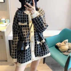 批发小香风毛衣外套女宽松2026春秋新款<b class='q'>韩版</b>中长款千鸟格针织开衫