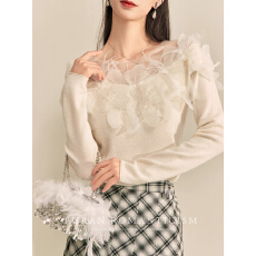 批发温柔天鹅颈立体花朵山<b class='q'>羊绒</b>衫女内搭修身打底针织衫露肩网纱上衣女
