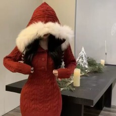 批发新年红色针织连衣裙女春秋冬氛围性感小个子<b class='q'>礼服</b>毛衣包臀裙