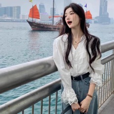 批发法式甜美泡泡袖碎花雪纺<b class='q'>衬衫女</b>2026新款温柔风蕾丝刺绣防晒衫