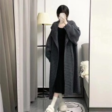 批发氛围感重工懒人粗麻花大翻领慵懒感气质中长款毛衣开衫外套